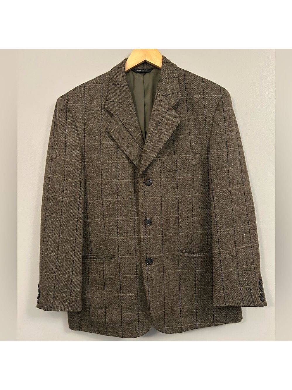 Balenciaga Paris Vintage Brown Windowpane Wool Sport Coat Size 46